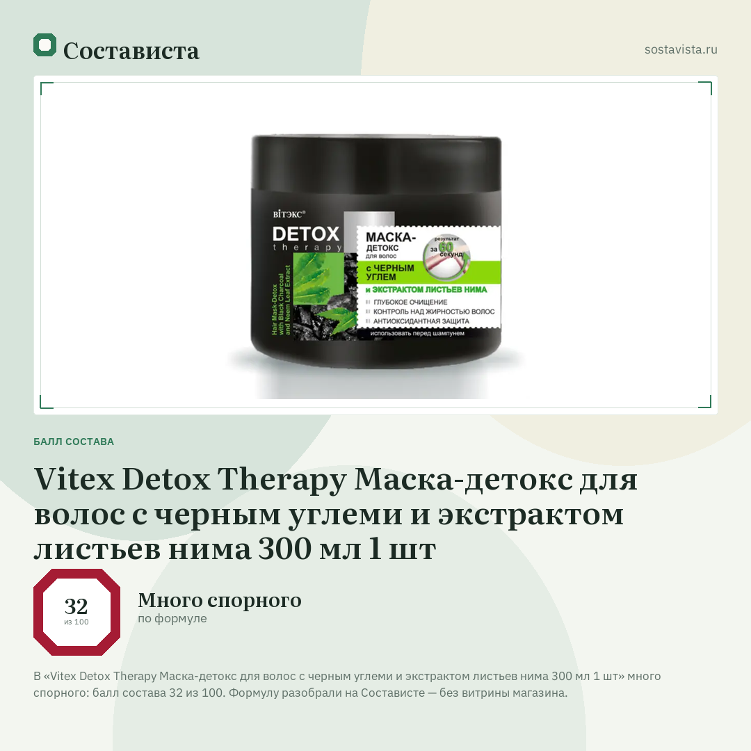 Vitex Detox Therapy Маска-детокс для волос с черным углеми и экстрактом листьев нима 300 мл 1 шт: балл состава 32 из 100 — Состависта