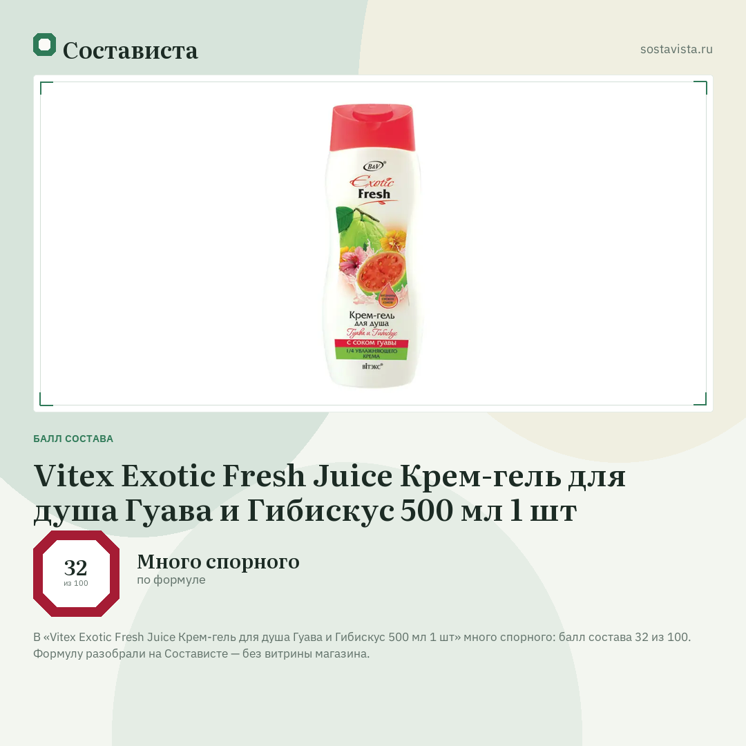 Vitex Exotic Fresh Juice Крем-гель для душа Гуава и Гибискус 500 мл 1 шт: балл состава 32 из 100 — Состависта