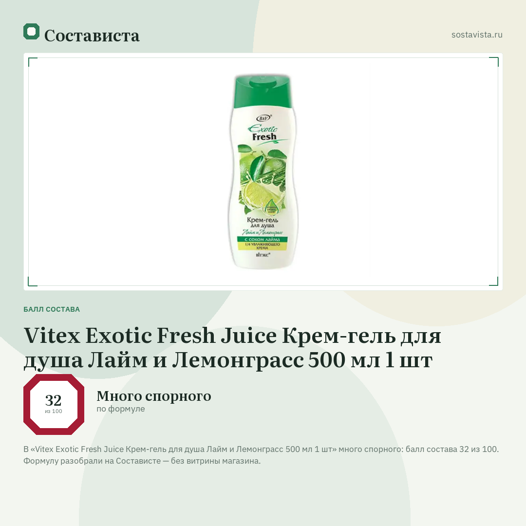 Vitex Exotic Fresh Juice Крем-гель для душа Лайм и Лемонграсс 500 мл 1 шт: балл состава 32 из 100 — Состависта