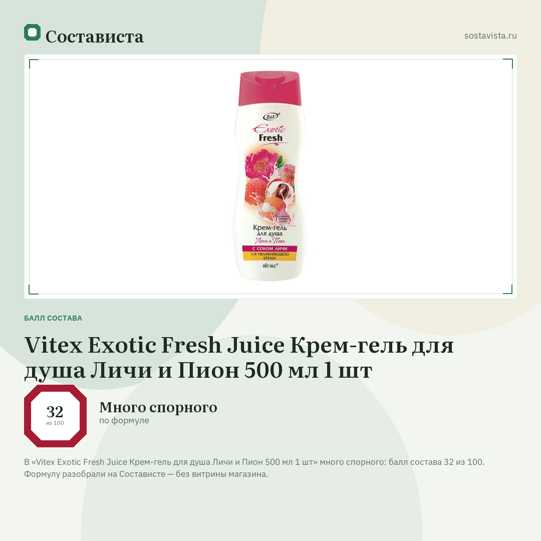 Vitex Exotic Fresh Juice Крем-гель для душа Личи и Пион 500 мл 1 шт: балл состава 32 из 100 — Состависта