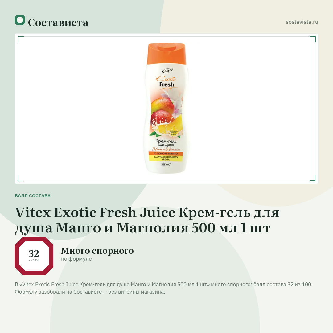 Vitex Exotic Fresh Juice Крем-гель для душа Манго и Магнолия 500 мл 1 шт: балл состава 32 из 100 — Состависта