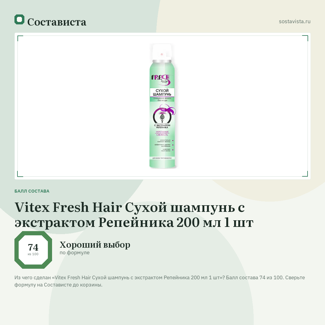Vitex Fresh Hair Сухой шампунь с экстрактом Репейника 200 мл 1 шт: балл состава 74 из 100 — Состависта