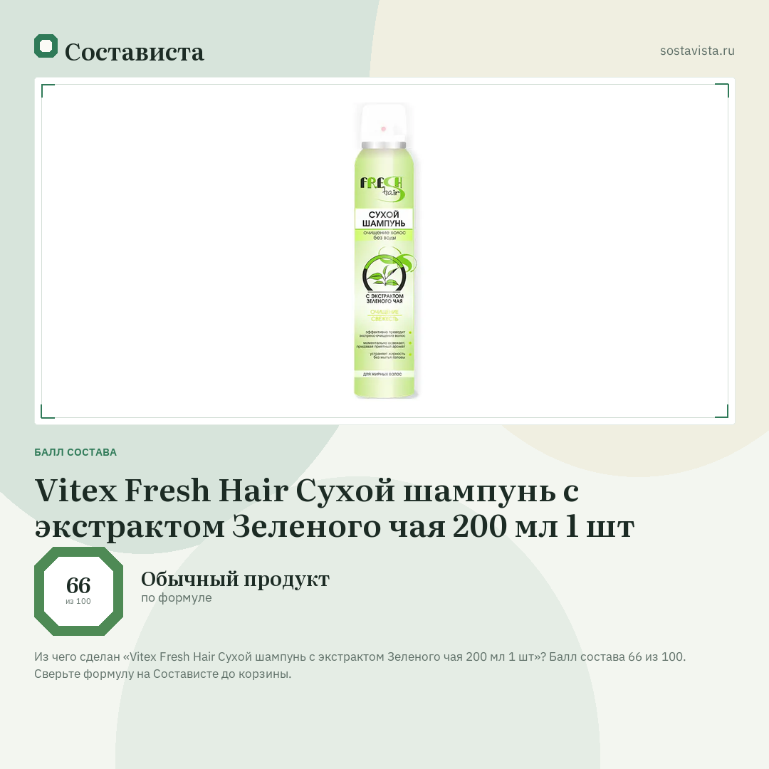 Vitex Fresh Hair Сухой шампунь с экстрактом Зеленого чая 200 мл 1 шт: балл состава 66 из 100 — Состависта