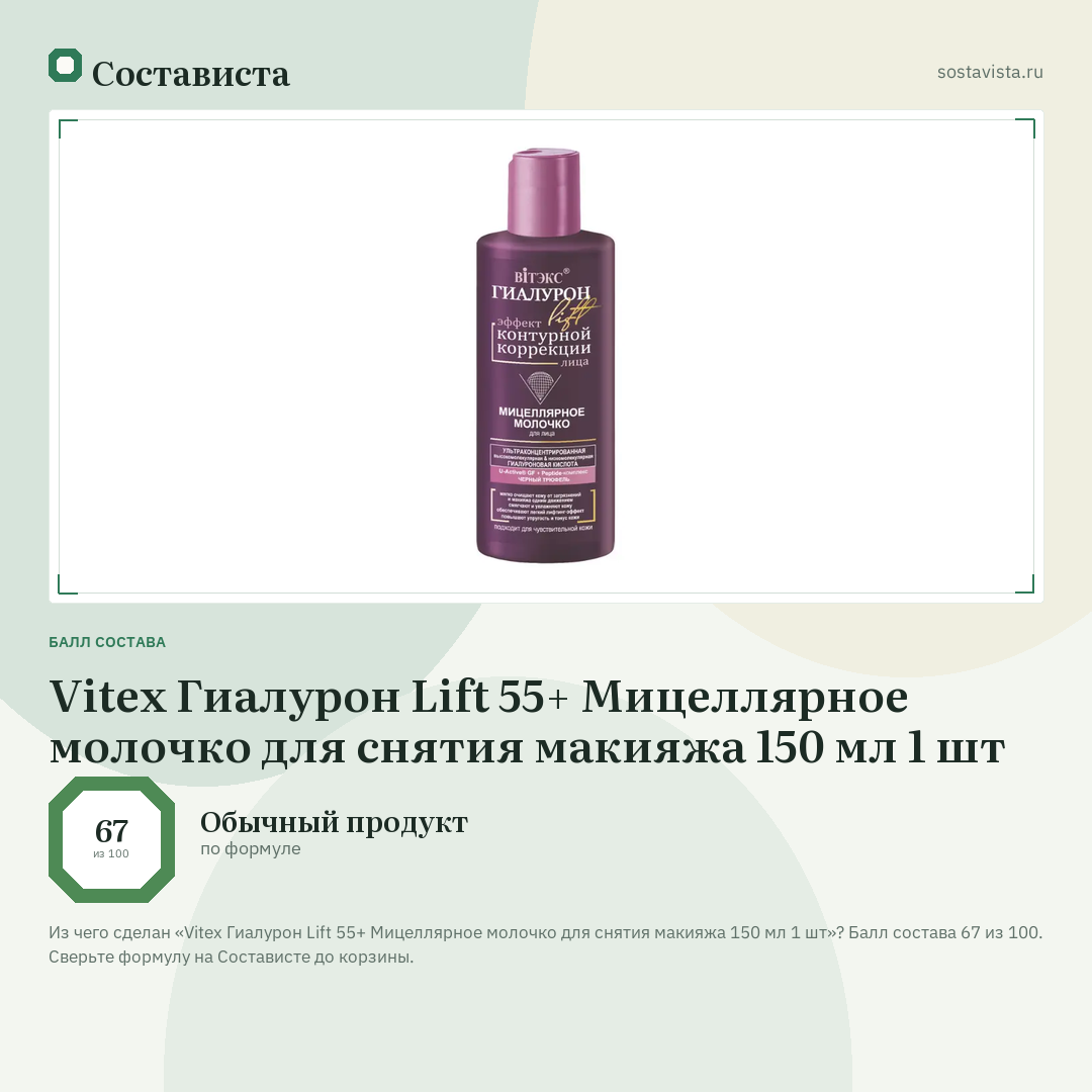 Vitex Гиалурон Lift 55+ Мицеллярное молочко для снятия макияжа 150 мл 1 шт: балл состава 67 из 100 — Состависта
