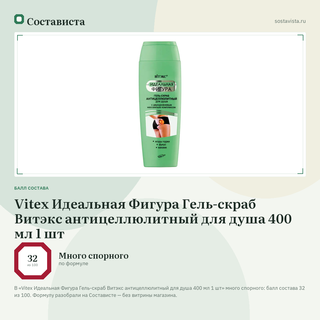 Vitex Идеальная Фигура Гель-скраб Витэкс антицеллюлитный для душа 400 мл 1 шт: балл состава 32 из 100 — Состависта