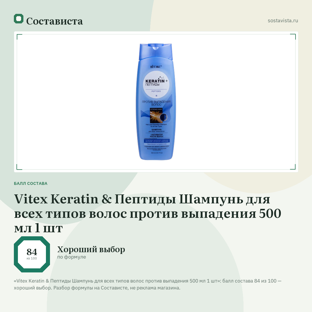 Vitex Keratin & Пептиды Шампунь для всех типов волос против выпадения 500 мл 1 шт: балл состава 84 из 100 — Состависта