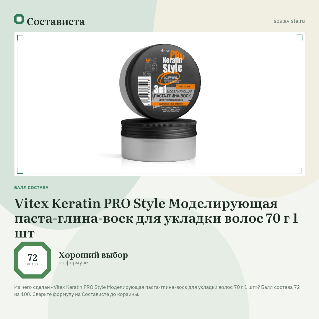 Vitex Keratin PRO Style Моделирующая паста-глина-воск для укладки волос 70 г 1 шт: балл состава 72 из 100 — Состависта