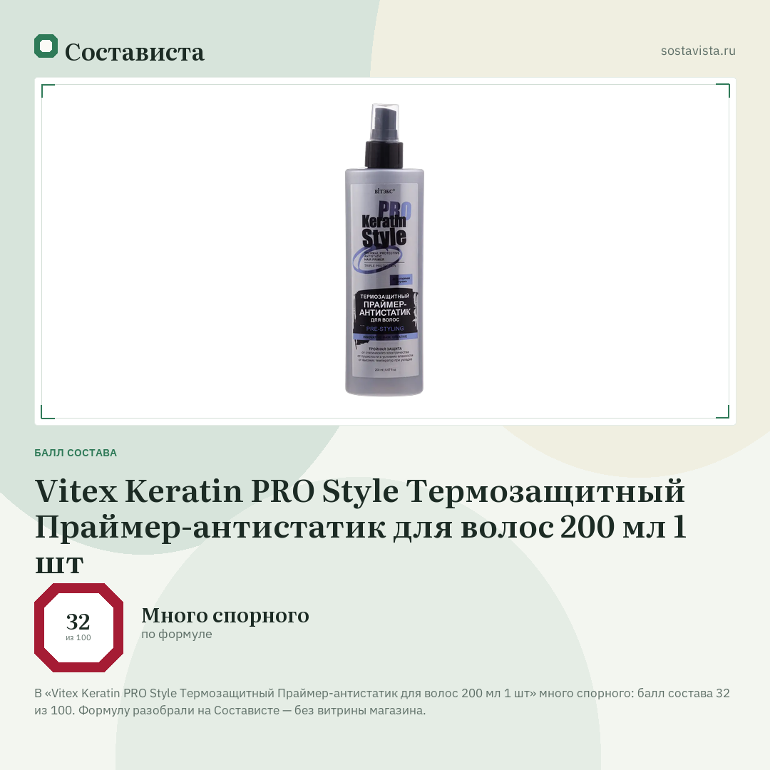 Vitex Keratin PRO Style Термозащитный Праймер-антистатик для волос 200 мл 1 шт: балл состава 32 из 100 — Состависта