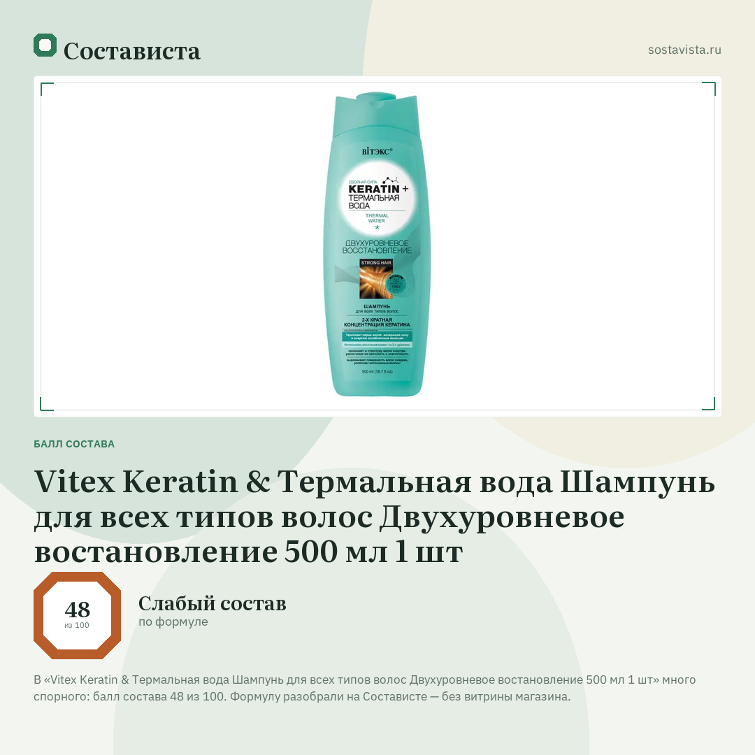 Vitex Keratin & Термальная вода Шампунь для всех типов волос Двухуровневое востановление 500 мл 1 шт: балл состава 48 из 100 — Состависта