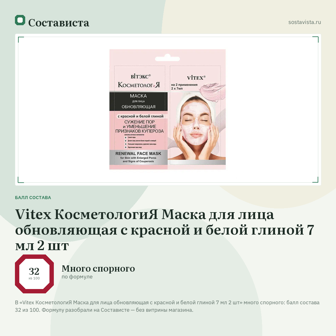 Vitex КосметологиЯ Маска для лица обновляющая с красной и белой глиной 7 мл 2 шт: балл состава 32 из 100 — Состависта