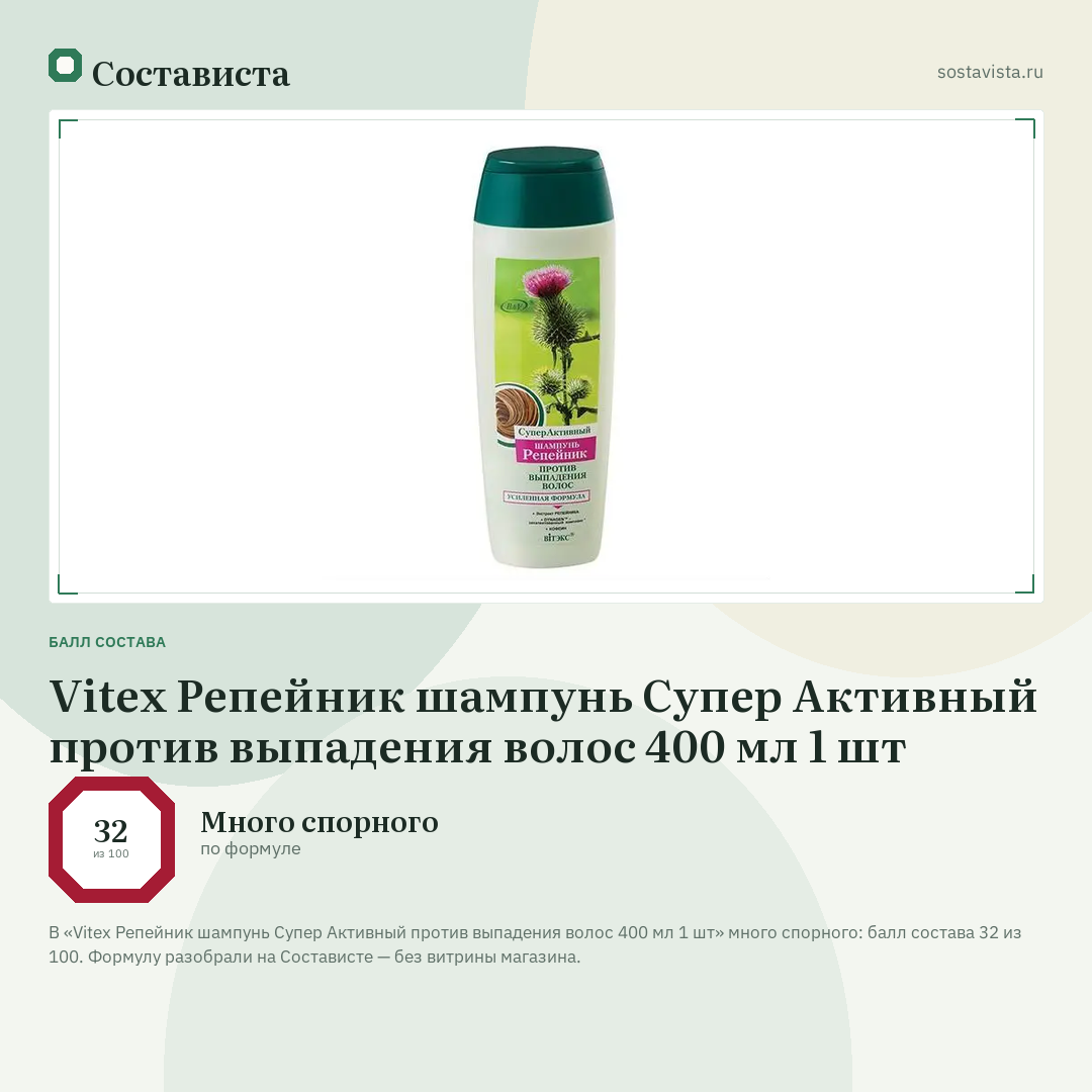 Vitex Репейник шампунь Супер Активный против выпадения волос 400 мл 1 шт: балл состава 32 из 100 — Состависта