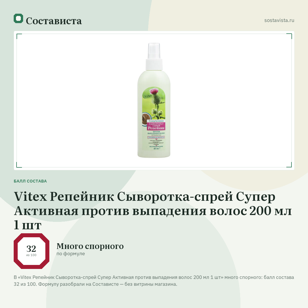 Vitex Репейник Сыворотка-спрей Супер Активная против выпадения волос 200 мл 1 шт: балл состава 32 из 100 — Состависта