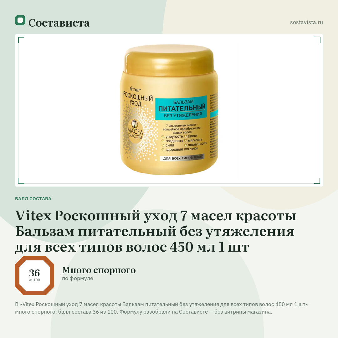 Vitex Роскошный уход 7 масел красоты Бальзам питательный без утяжеления для всех типов волос 450 мл 1 шт: балл состава 36 из 100 — Состависта