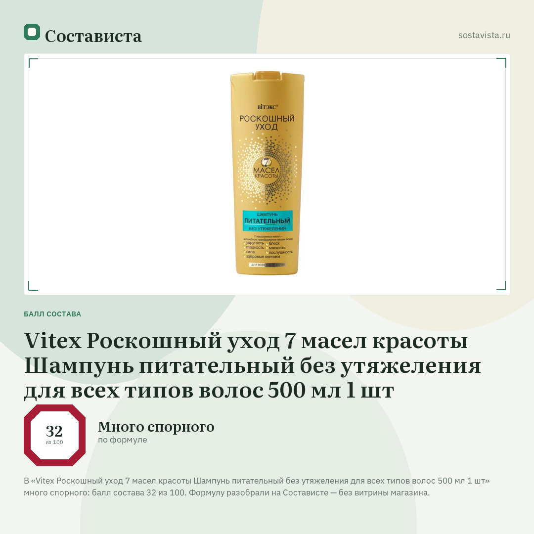 Vitex Роскошный уход 7 масел красоты Шампунь питательный без утяжеления для всех типов волос 500 мл 1 шт: балл состава 32 из 100 — Состависта