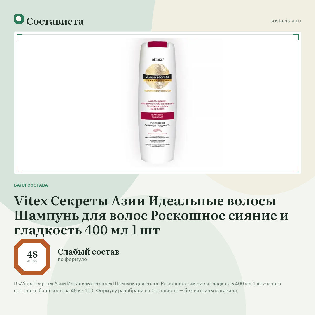 Vitex Секреты Азии Идеальные волосы Шампунь для волос Роскошное сияние и гладкость 400 мл 1 шт: балл состава 48 из 100 — Состависта