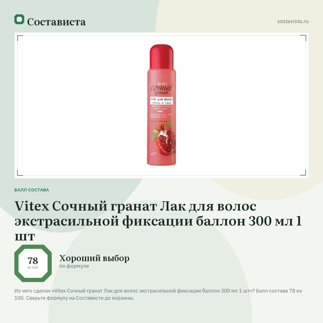 Vitex Сочный гранат Лак для волос экстрасильной фиксации баллон 300 мл 1 шт: балл состава 78 из 100 — Состависта
