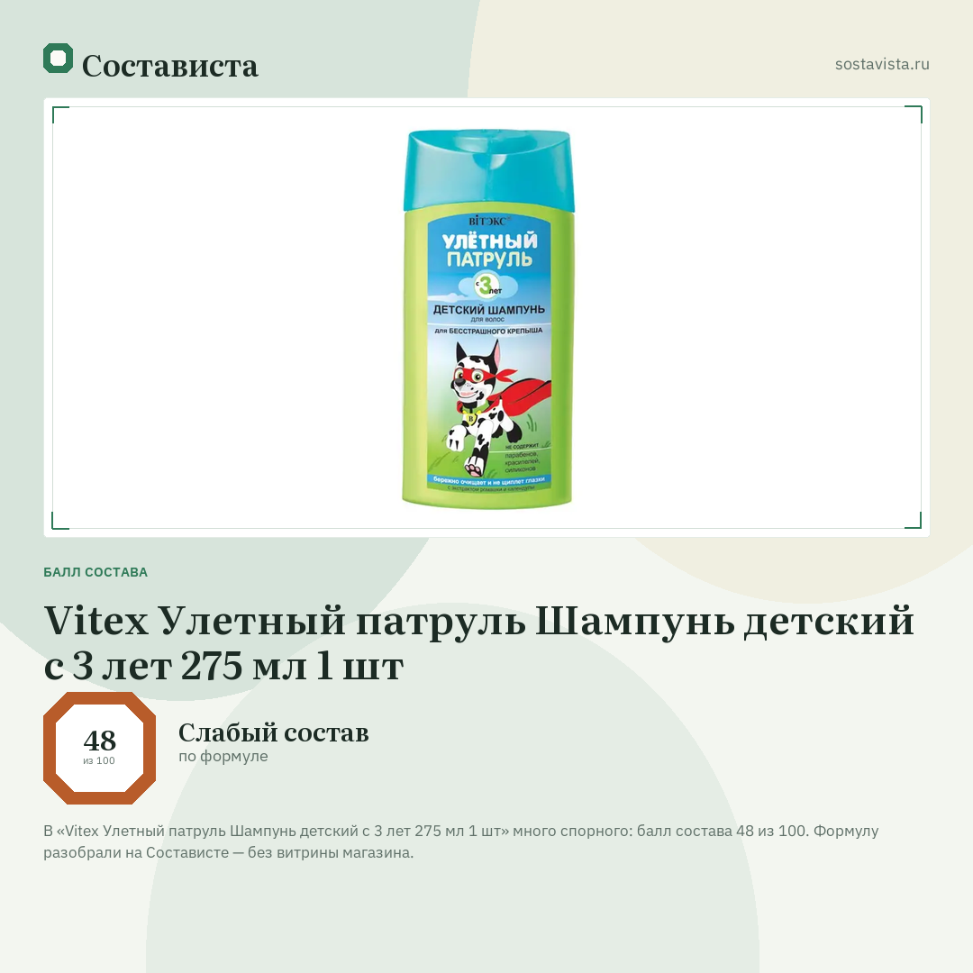 Vitex Улетный патруль Шампунь детский с 3 лет 275 мл 1 шт: балл состава 48 из 100 — Состависта