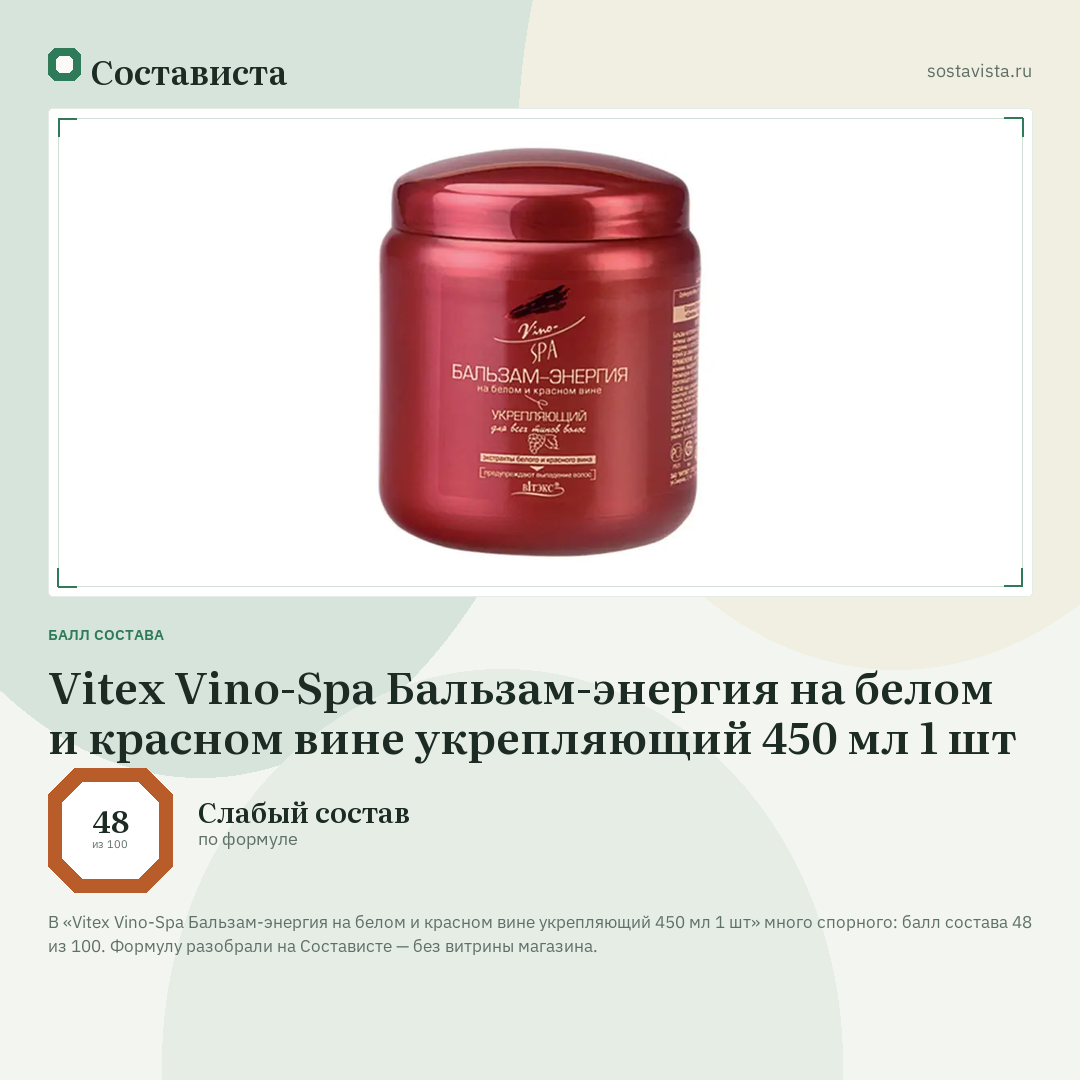Vitex Vino-Spa Бальзам-энергия на белом и красном вине укрепляющий 450 мл 1 шт: балл состава 48 из 100 — Состависта