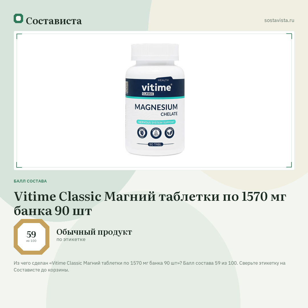 Vitime Classic Магний таблетки по 1570 мг банка 90 шт: балл состава 59 из 100 — Состависта