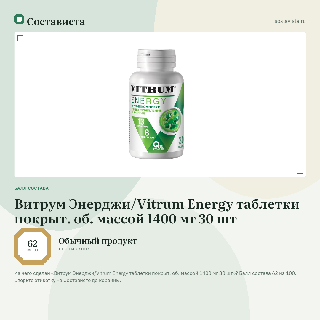Витрум Энерджи/Vitrum Energy таблетки покрыт. об. массой 1400 мг 30 шт: балл состава 62 из 100 — Состависта