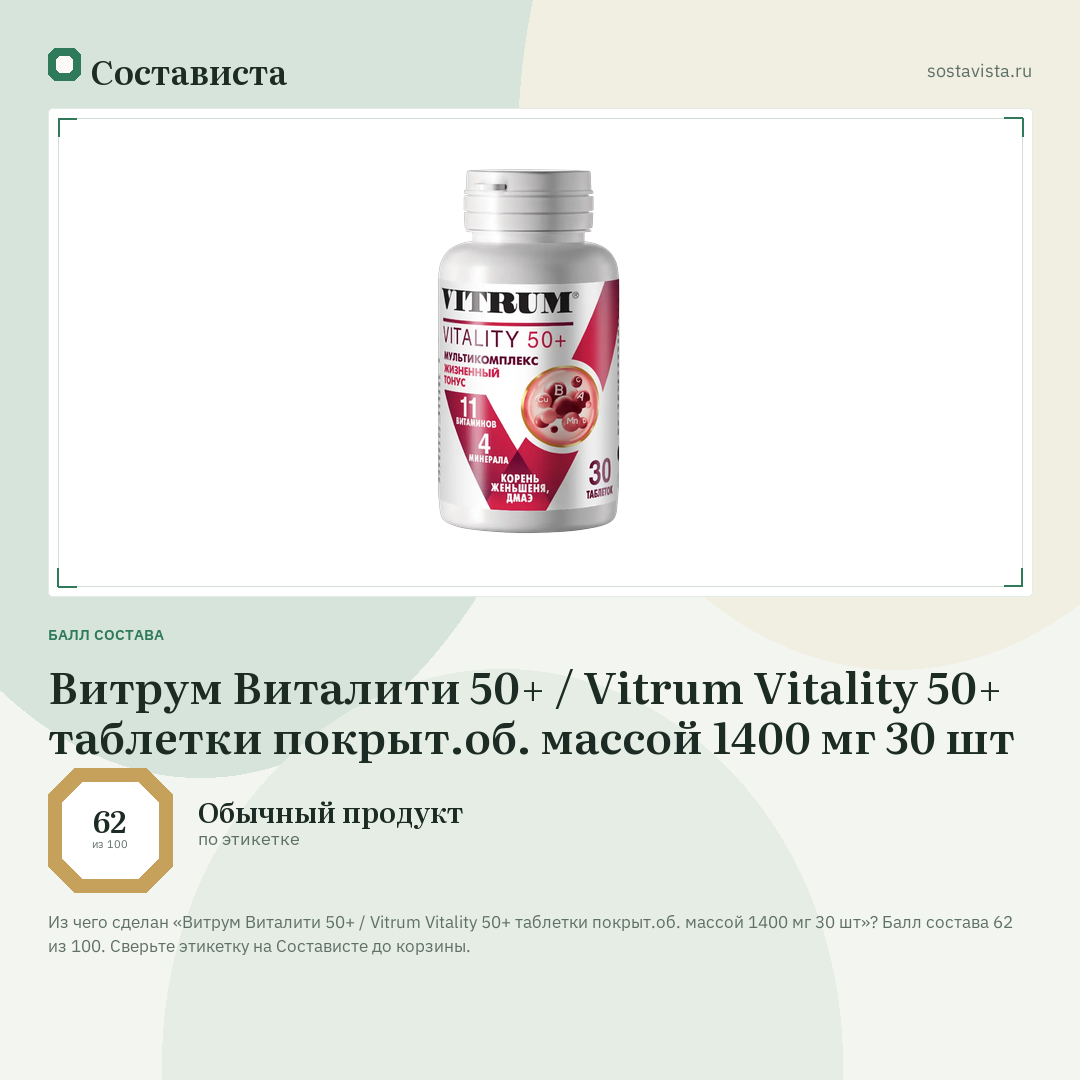 Витрум Виталити 50+ / Vitrum Vitality 50+ таблетки покрыт.об. массой 1400 мг 30 шт: балл состава 62 из 100 — Состависта