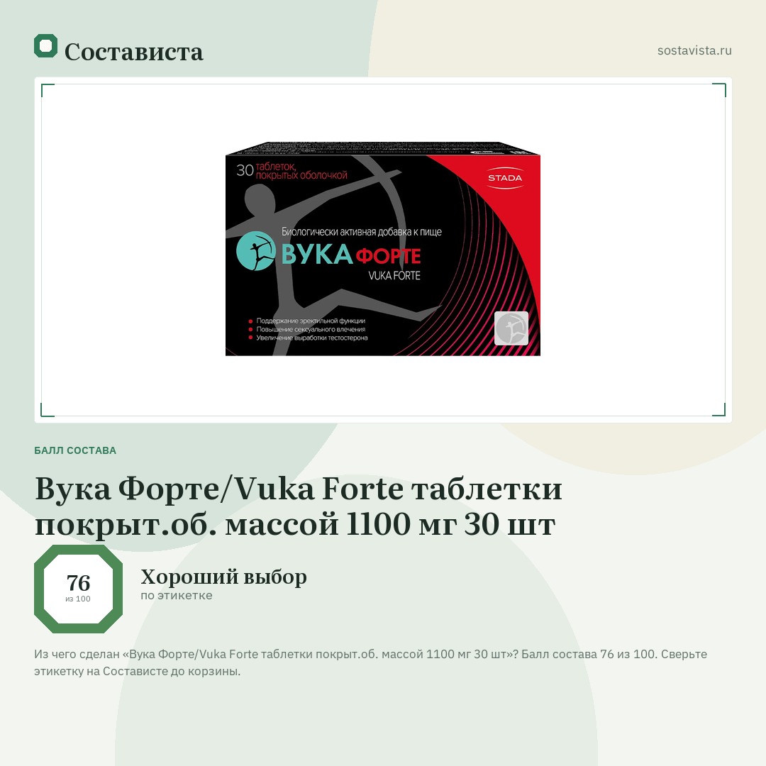 Вука Форте/Vuka Forte таблетки покрыт.об. массой 1100 мг 30 шт: балл состава 76 из 100 — Состависта
