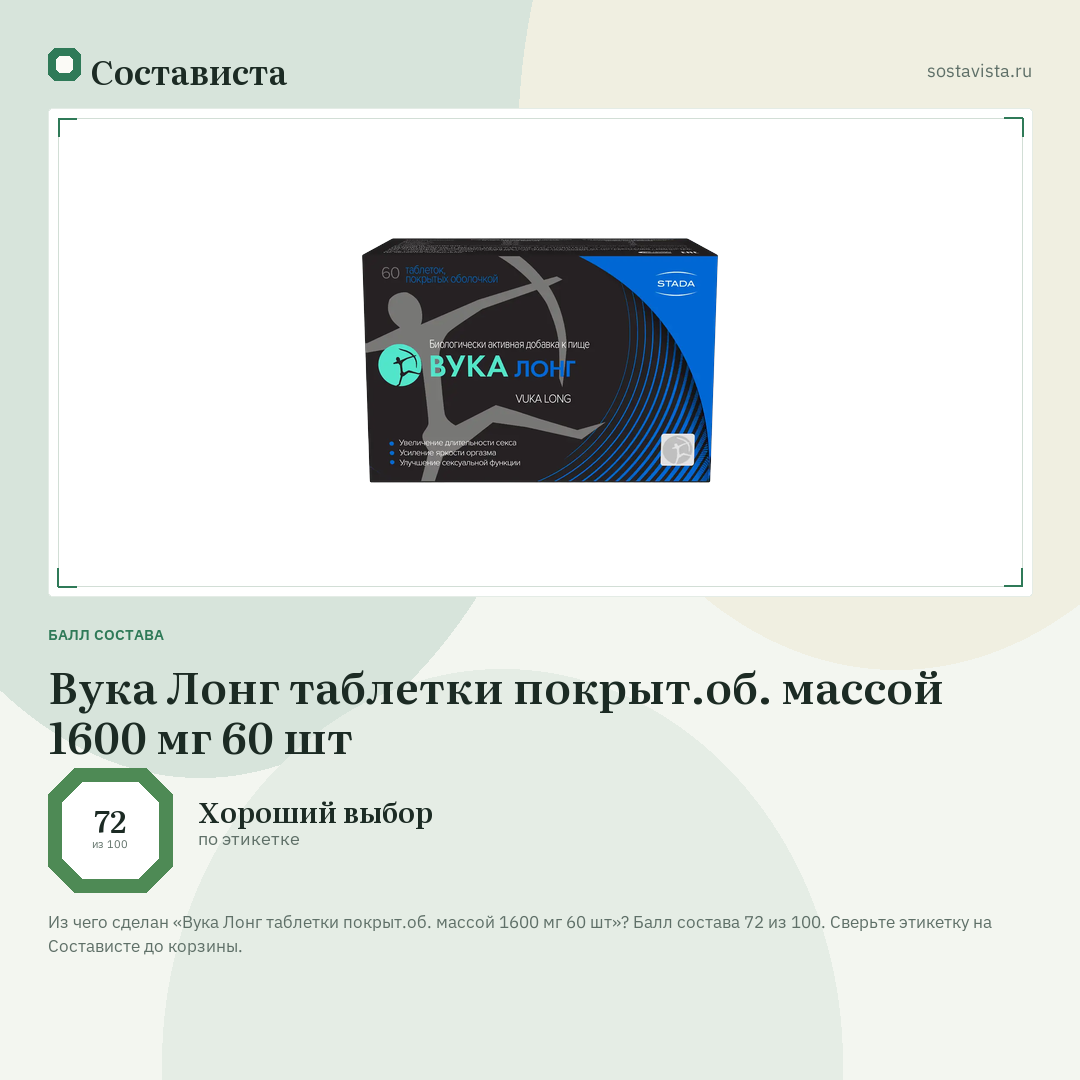 Вука Лонг таблетки покрыт.об. массой 1600 мг 60 шт: балл состава 72 из 100 — Состависта