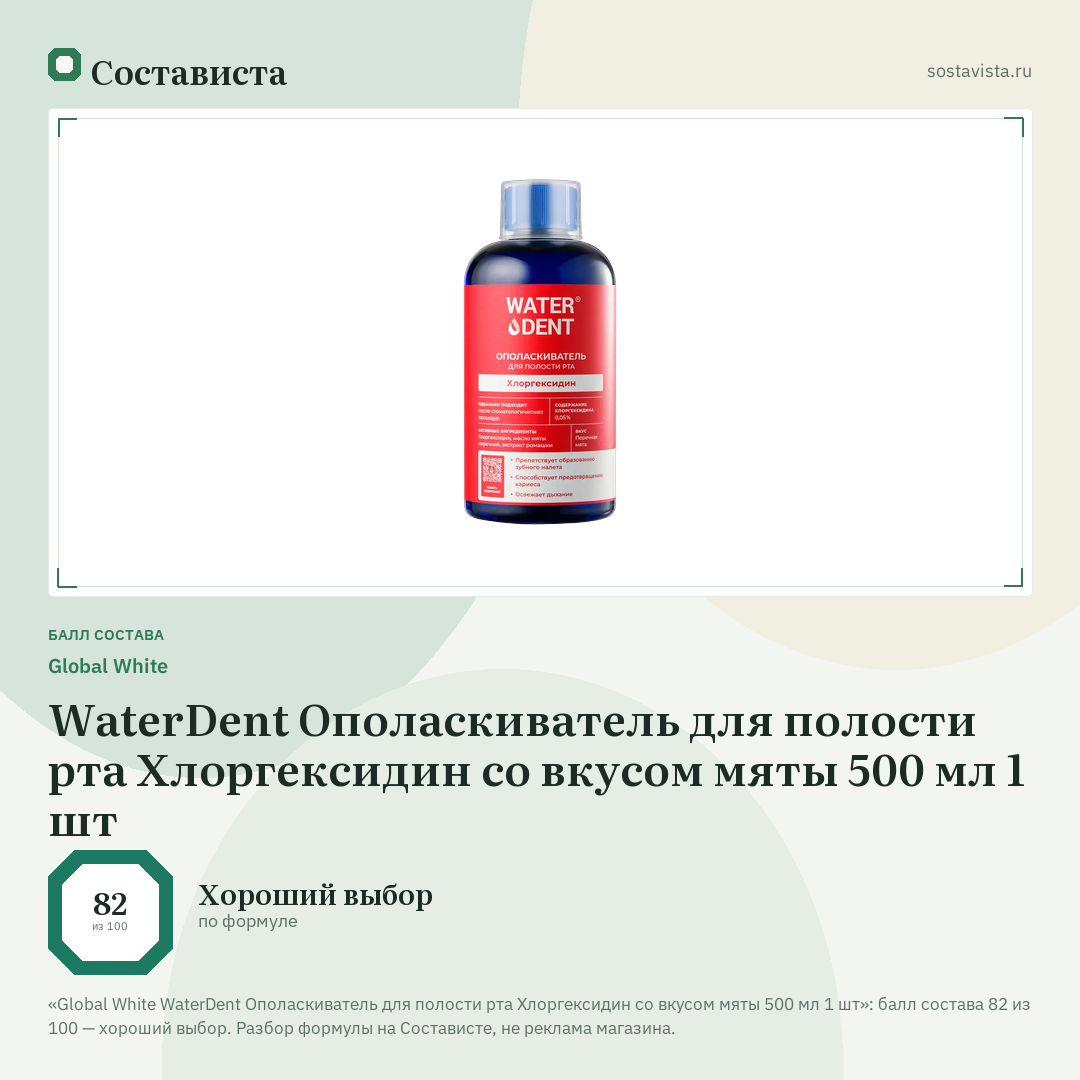 Global White WaterDent Ополаскиватель для полости рта Хлоргексидин со вкусом мяты 500 мл 1 шт: балл состава 82 из 100 — Состависта