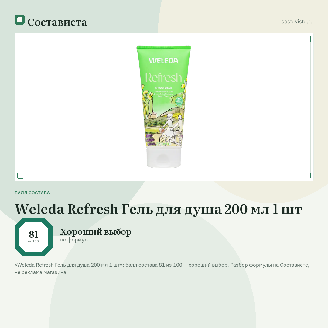 Weleda Refresh Гель для душа 200 мл 1 шт: балл состава 81 из 100 — Состависта