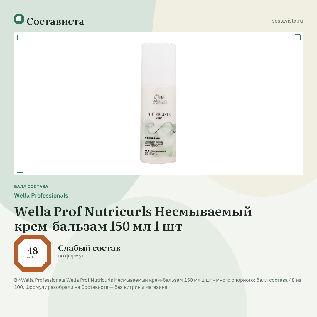 Wella Professionals Wella Prof Nutricurls Несмываемый крем-бальзам 150 мл 1 шт: балл состава 48 из 100 — Состависта
