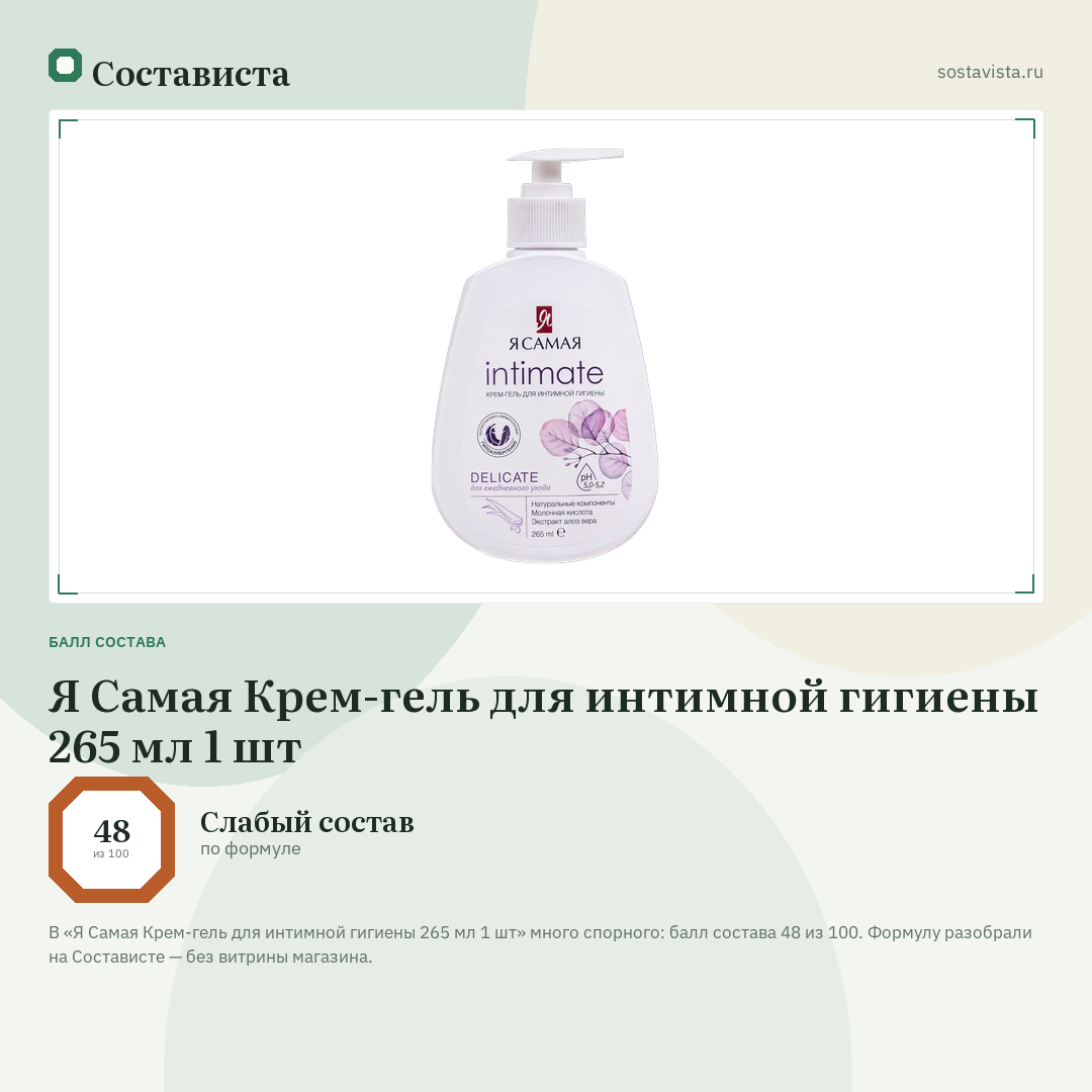 Я Самая Крем-гель для интимной гигиены 265 мл 1 шт: балл состава 48 из 100 — Состависта