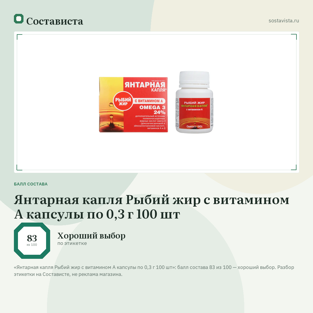 Янтарная капля Рыбий жир с витамином А капсулы по 0,3 г 100 шт: балл состава 83 из 100 — Состависта