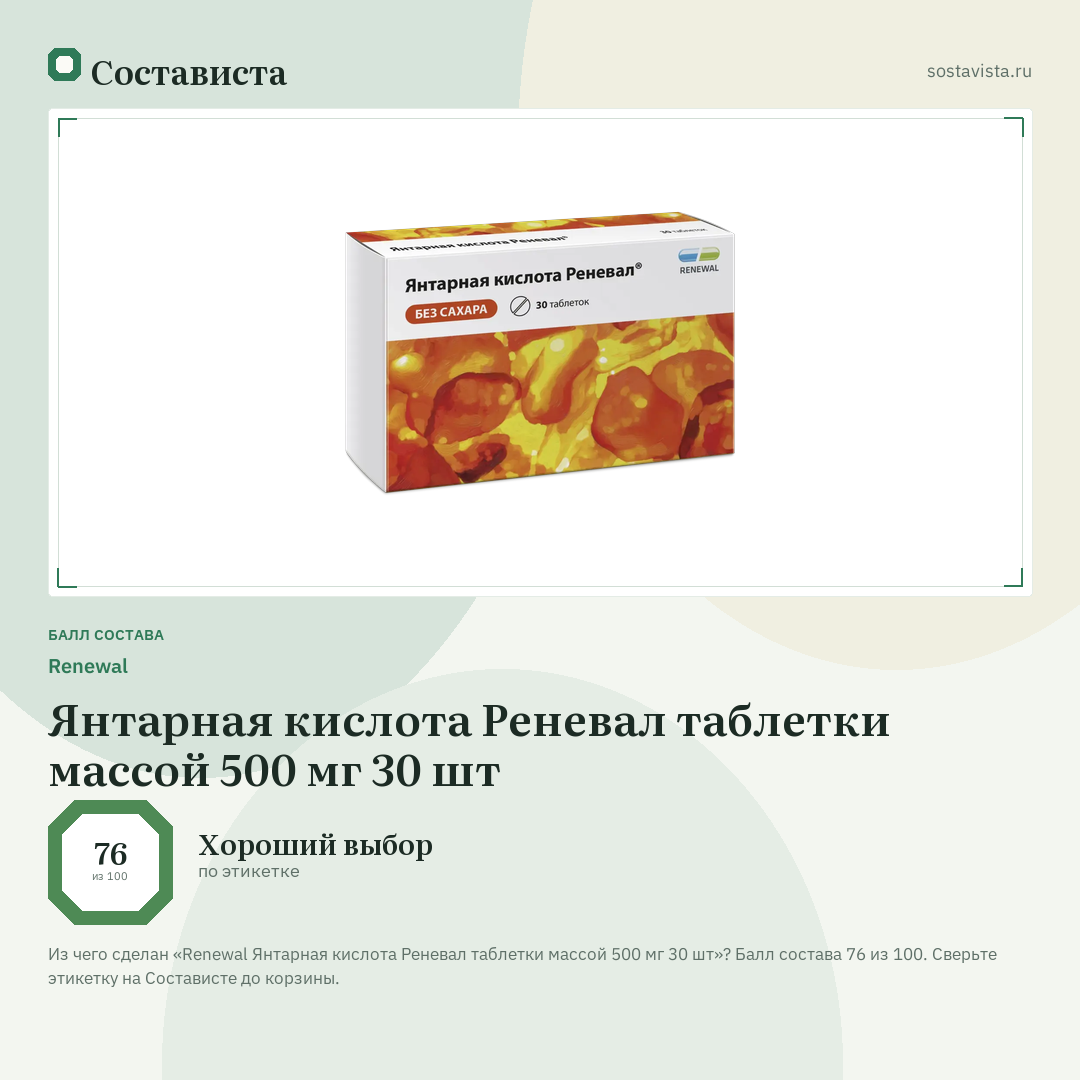 Renewal Янтарная кислота Реневал таблетки массой 500 мг 30 шт: балл состава 76 из 100 — Состависта