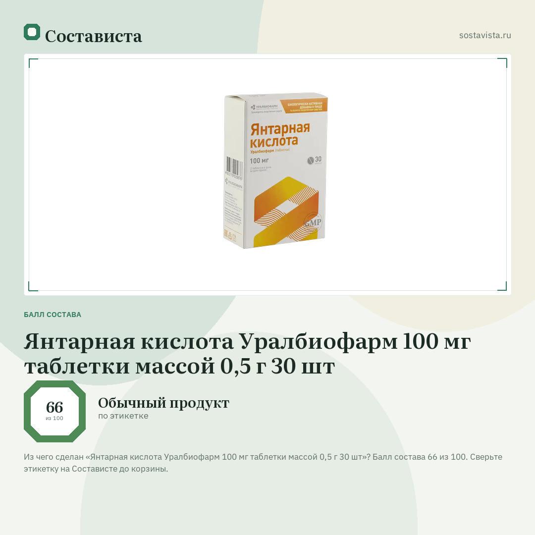 Янтарная кислота Уралбиофарм 100 мг таблетки массой 0,5 г 30 шт: балл состава 66 из 100 — Состависта