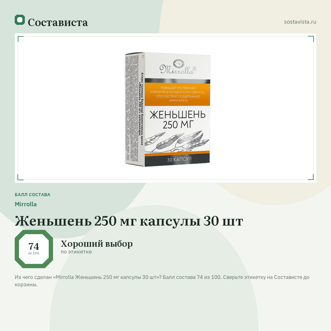 Mirrolla Женьшень 250 мг капсулы 30 шт: балл состава 74 из 100 — Состависта