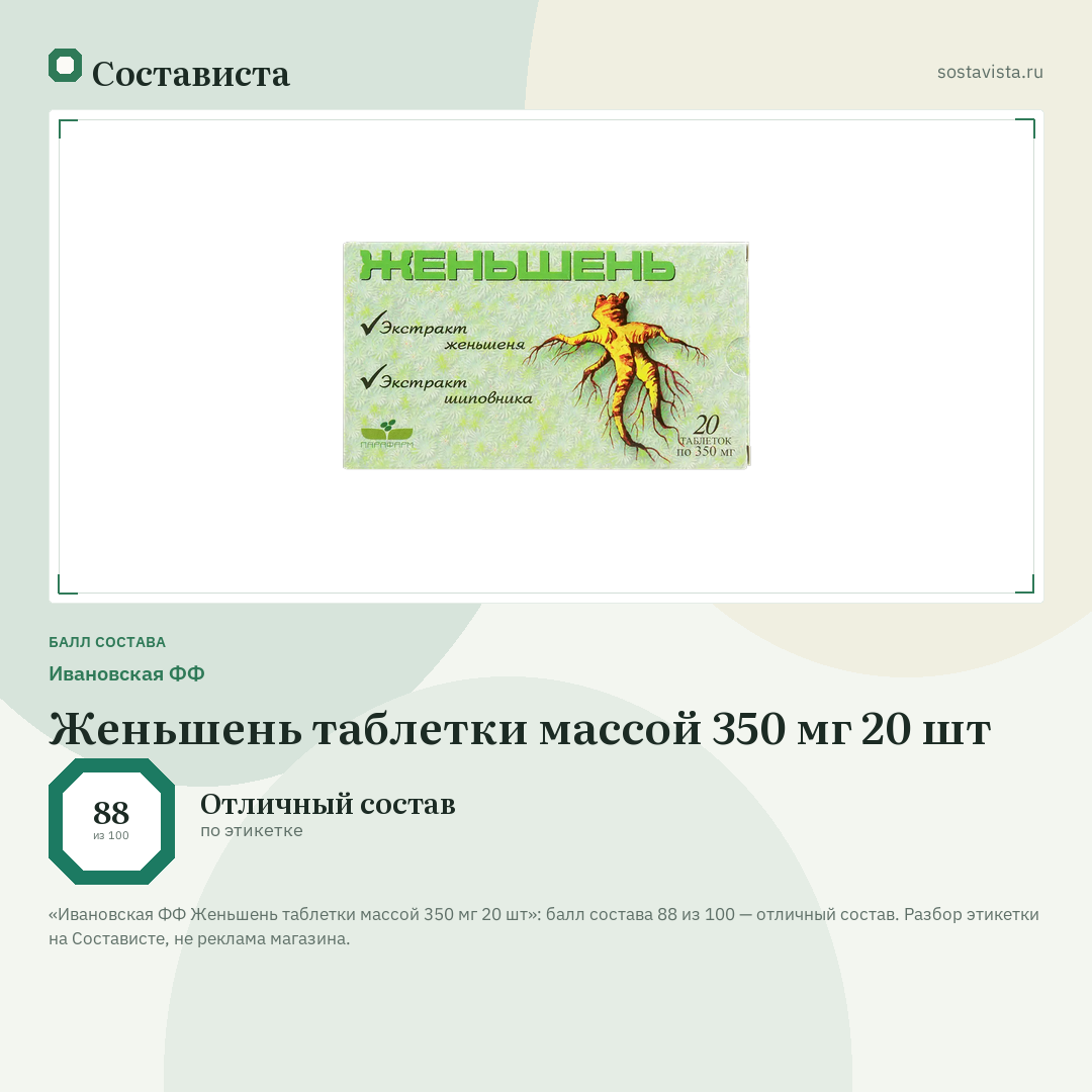 Ивановская ФФ Женьшень таблетки массой 350 мг 20 шт: балл состава 88 из 100 — Состависта