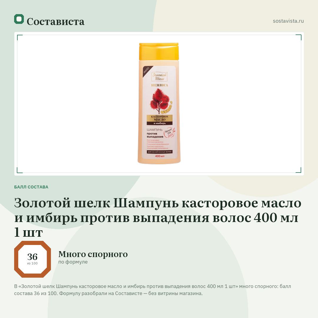 Золотой шелк Шампунь касторовое масло и имбирь против выпадения волос 400 мл 1 шт: балл состава 36 из 100 — Состависта