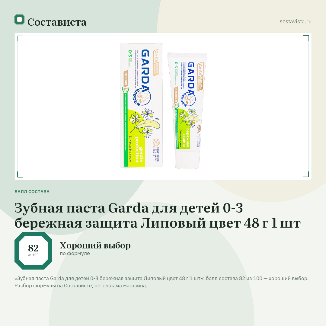 Зубная паста Garda для детей 0-3 бережная защита Липовый цвет 48 г 1 шт: балл состава 82 из 100 — Состависта