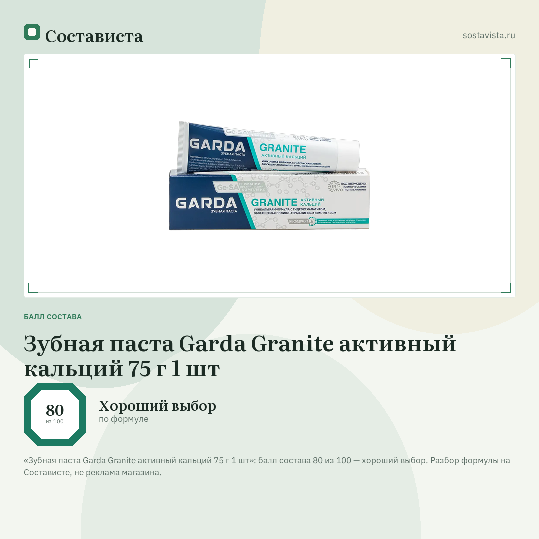 Зубная паста Garda Granite активный кальций 75 г 1 шт: балл состава 80 из 100 — Состависта