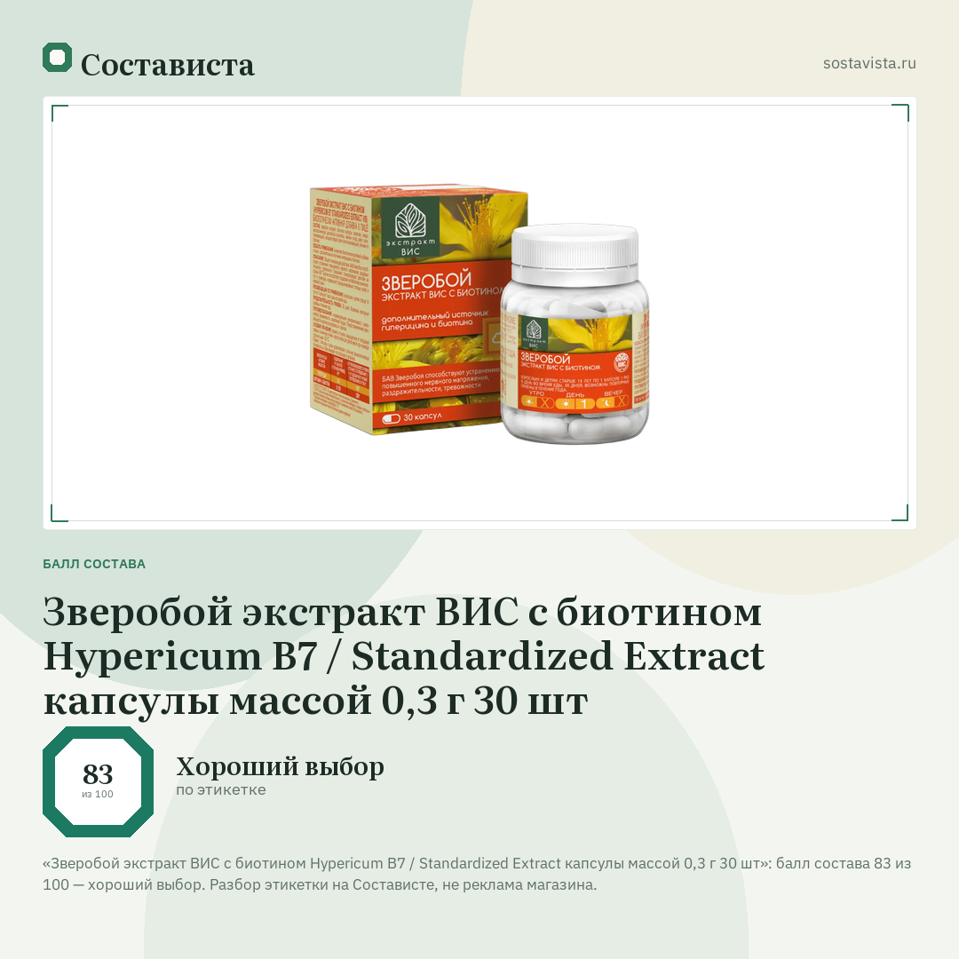 Зверобой экстракт ВИС с биотином Hypericum В7 / Standardized Extract капсулы массой 0,3 г 30 шт: балл состава 83 из 100 — Состависта