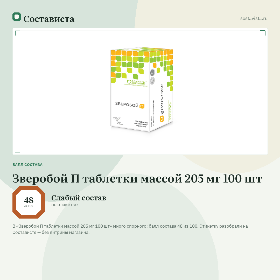 Зверобой П таблетки массой 205 мг 100 шт: балл состава 48 из 100 — Состависта