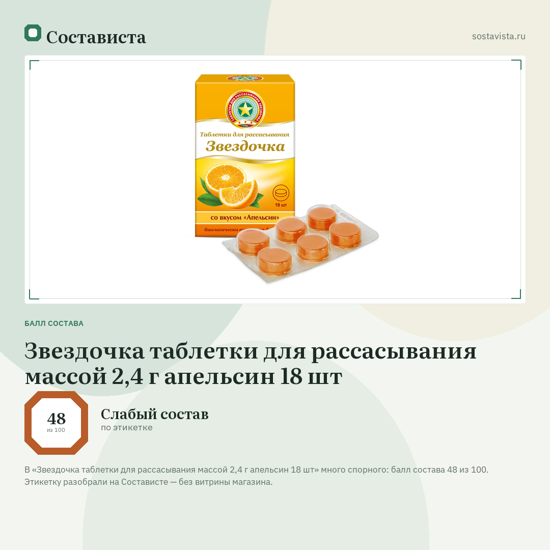 Звездочка таблетки для рассасывания массой 2,4 г апельсин 18 шт: балл состава 48 из 100 — Состависта