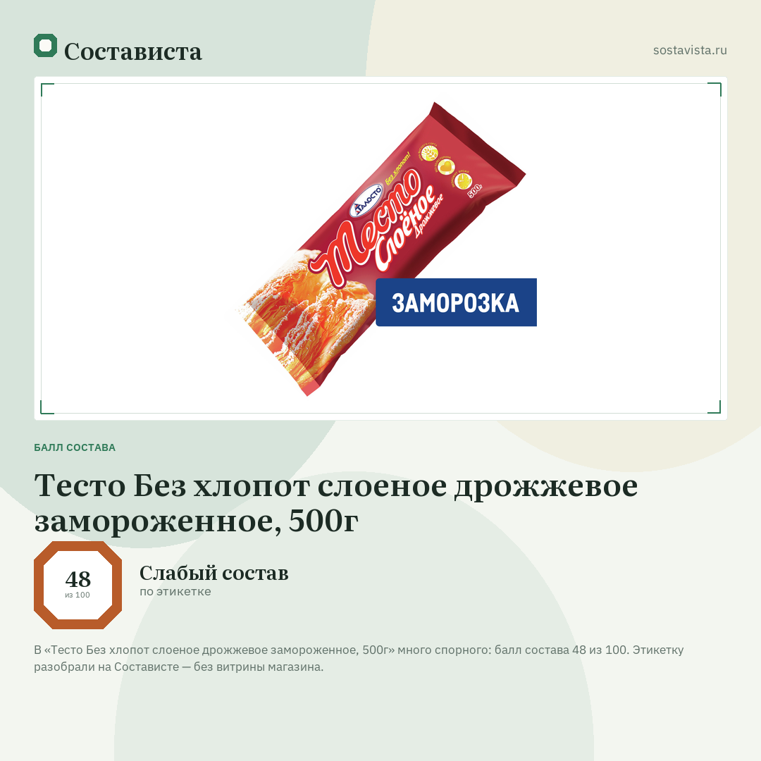 Тесто Без хлопот слоеное дрожжевое замороженное, 500г: балл состава 48 из 100 — Состависта