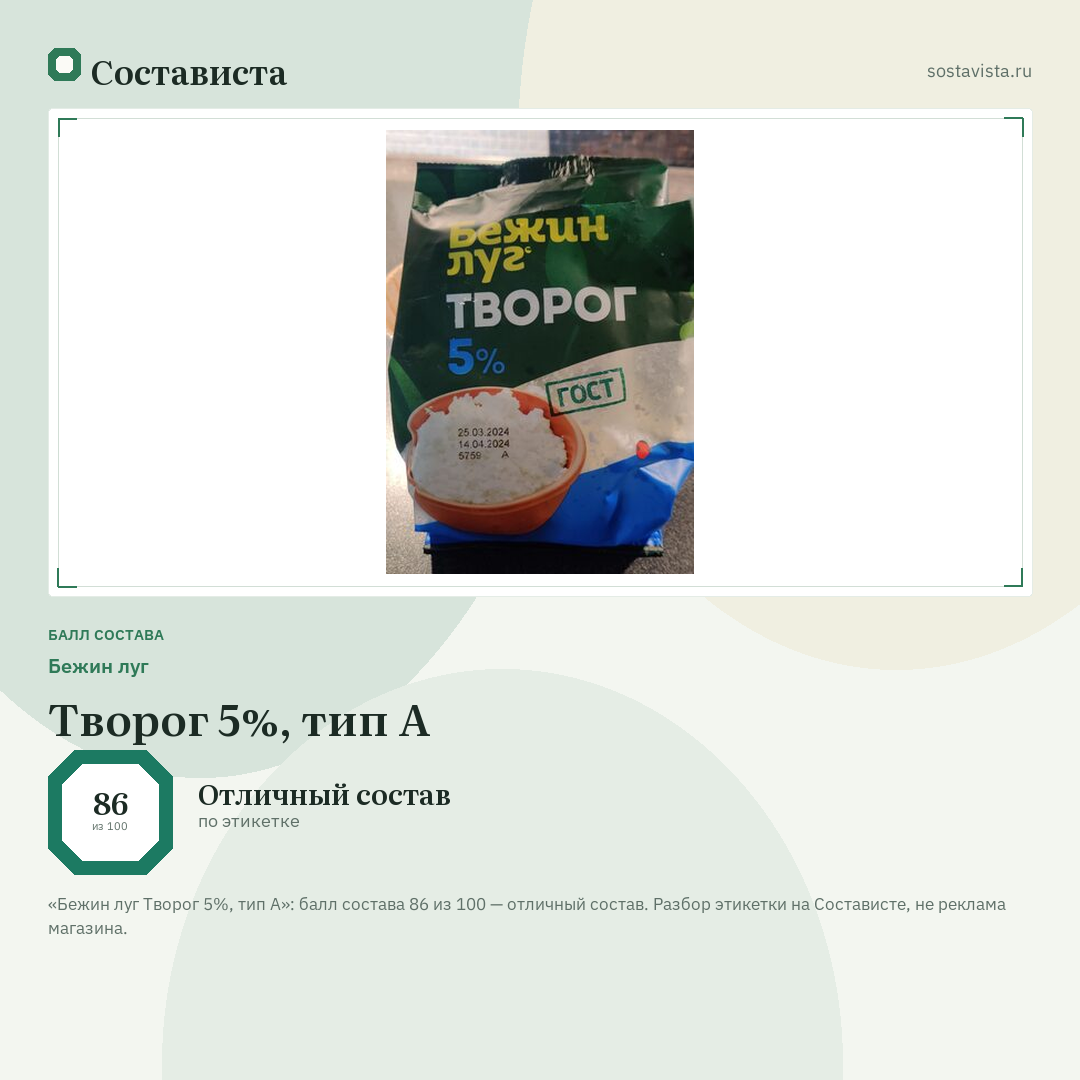 Бежин луг Творог 5%, тип А: балл состава 86 из 100 — Состависта