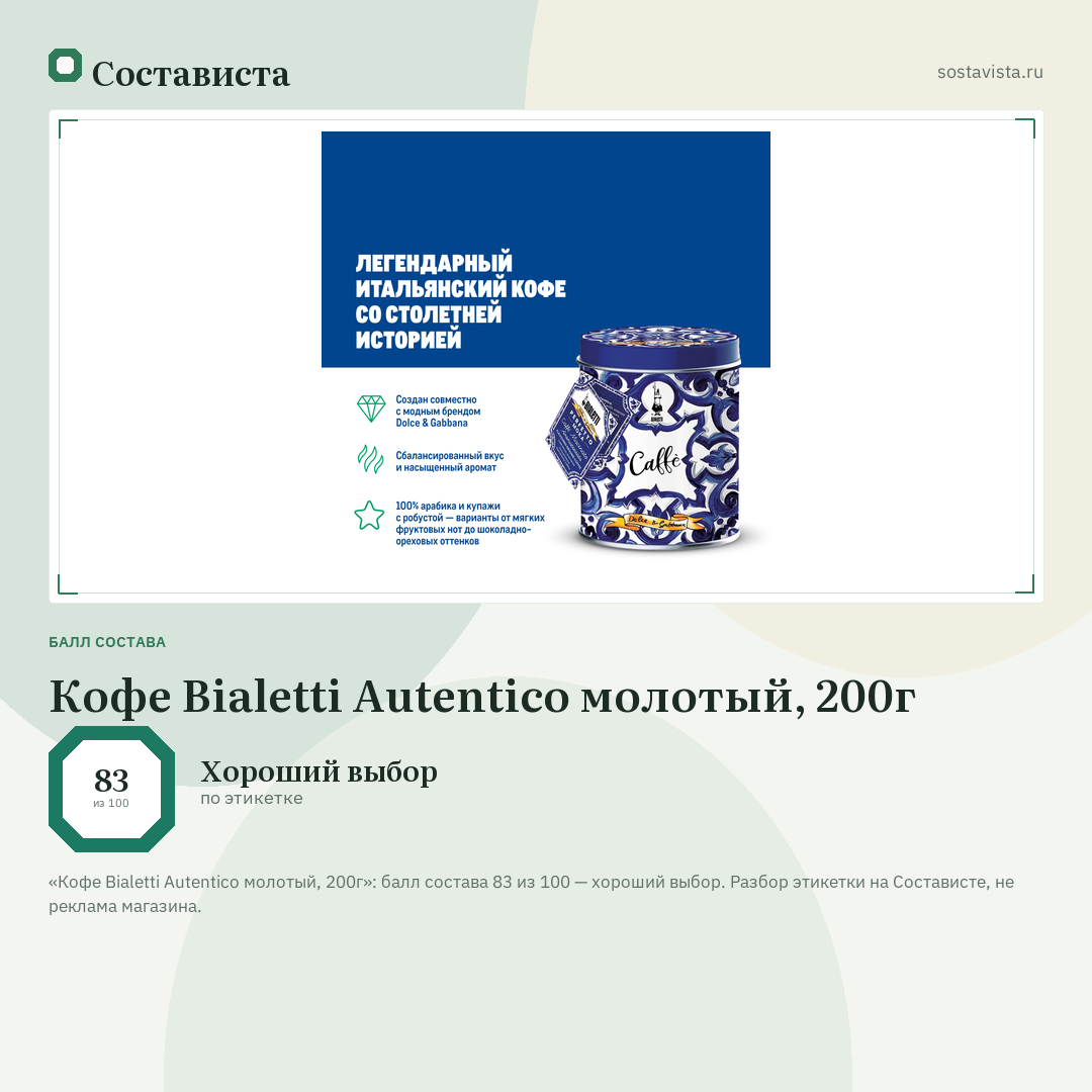 Кофе Bialetti Autentico молотый, 200г: балл состава 83 из 100 — Состависта