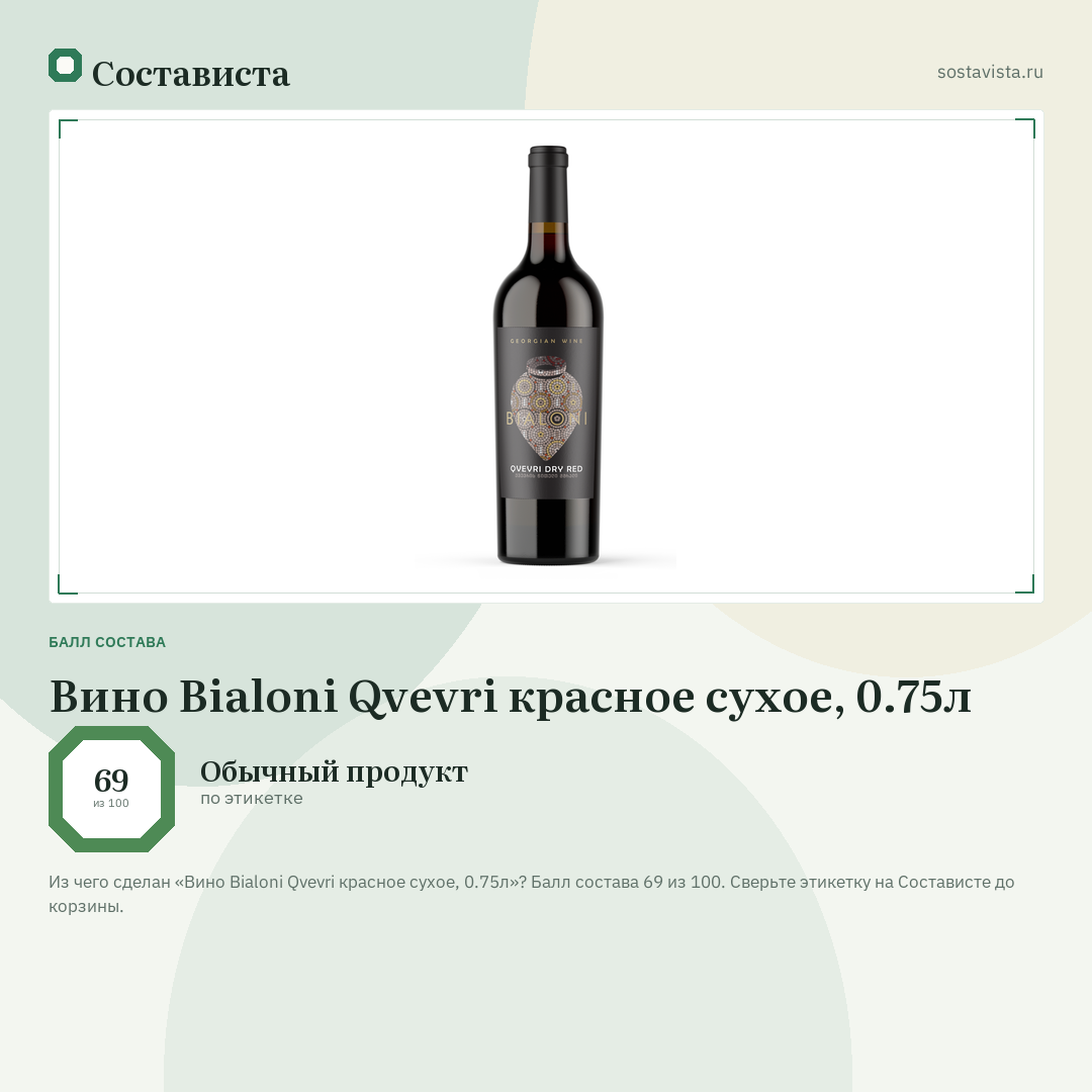 Вино Bialoni Qvevri красное сухое, 0.75л: балл состава 69 из 100 — Состависта