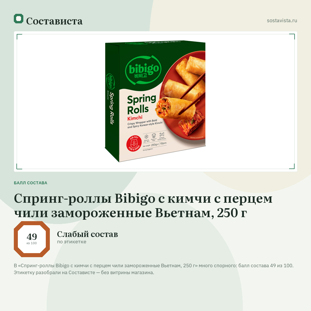 Спринг-роллы Bibigo с кимчи с перцем чили замороженные Вьетнам, 250 г: балл состава 49 из 100 — Состависта