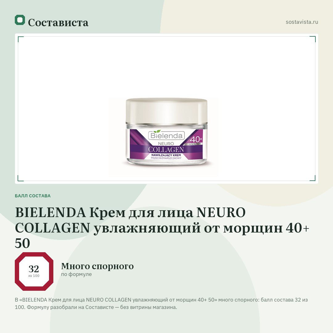BIELENDA Крем для лица NEURO COLLAGEN увлажняющий от морщин 40+ 50: балл состава 32 из 100 — Состависта