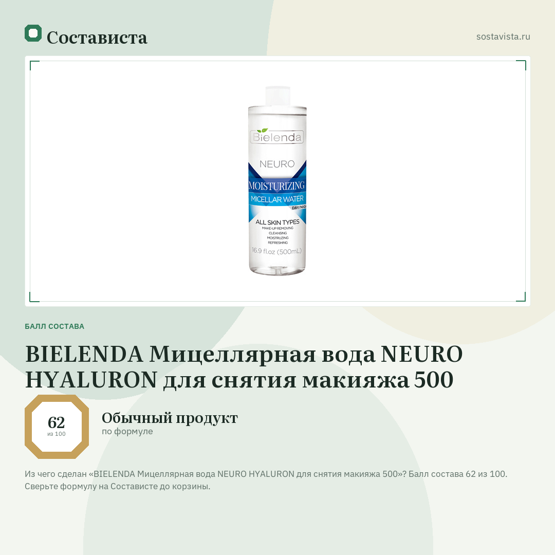 BIELENDA Мицеллярная вода NEURO HYALURON для снятия макияжа 500: балл состава 62 из 100 — Состависта