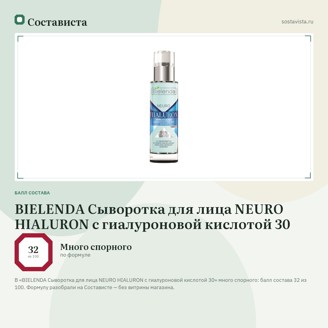 BIELENDA Сыворотка для лица NEURO HIALURON с гиалуроновой кислотой 30: балл состава 32 из 100 — Состависта